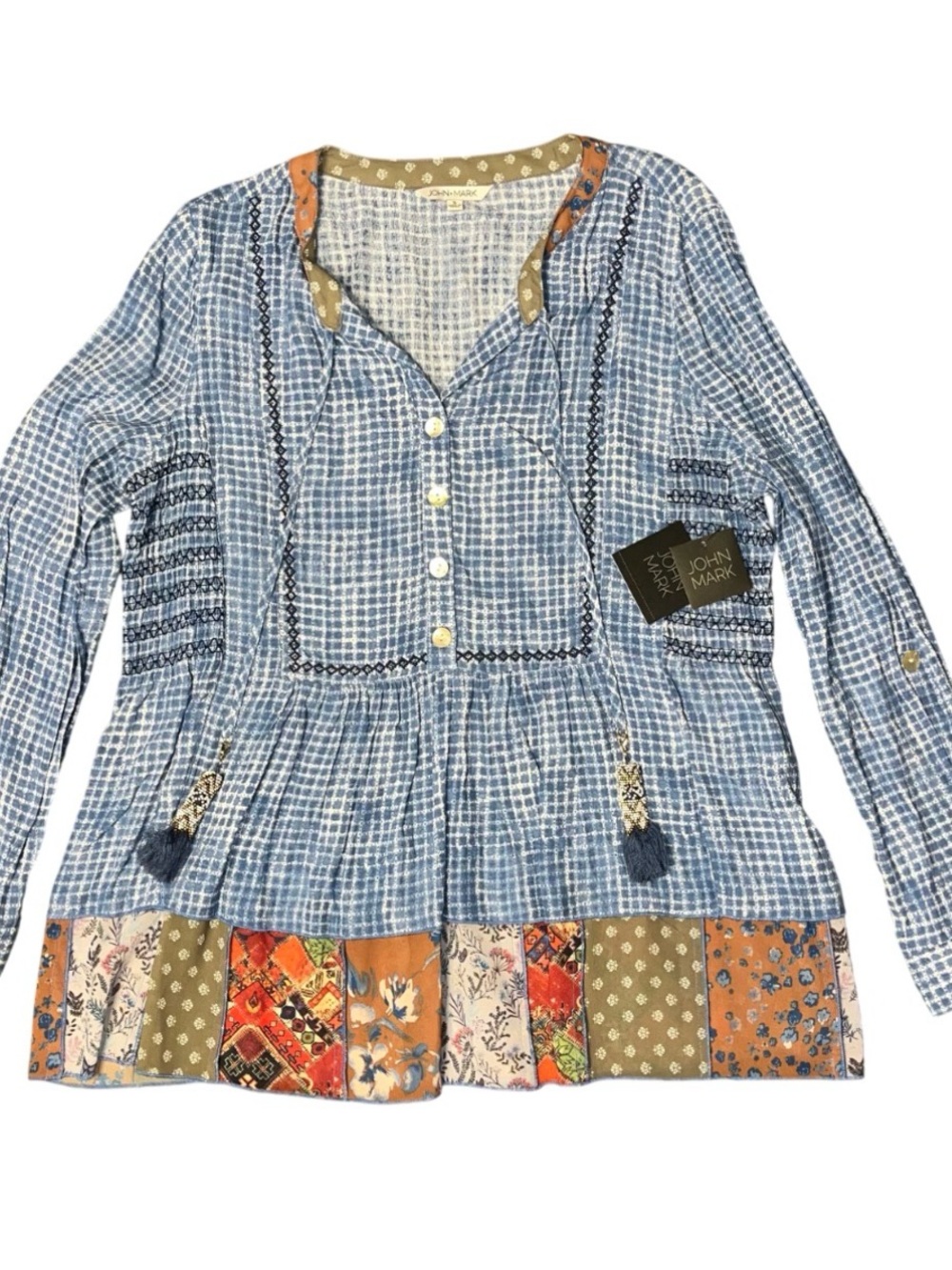 John Mark Boho Patchwork Button Tie Blouse Blue Smocked Beaded Ladies Small NWT